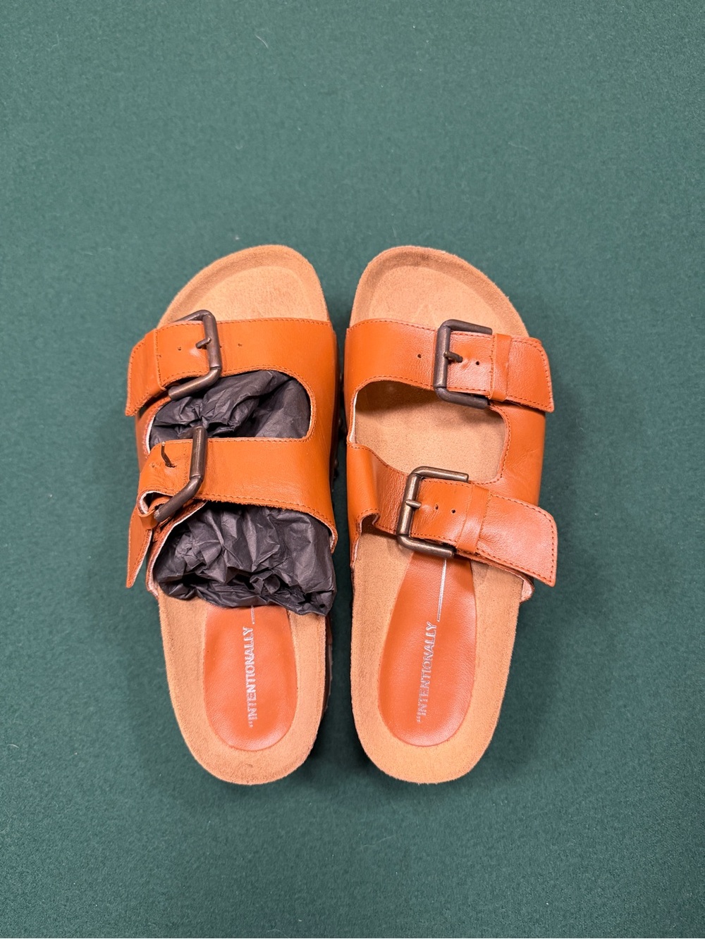Intentionally Blank Tan Leather Platform Slide Sandals with Buckles - Picture 2 of 5
